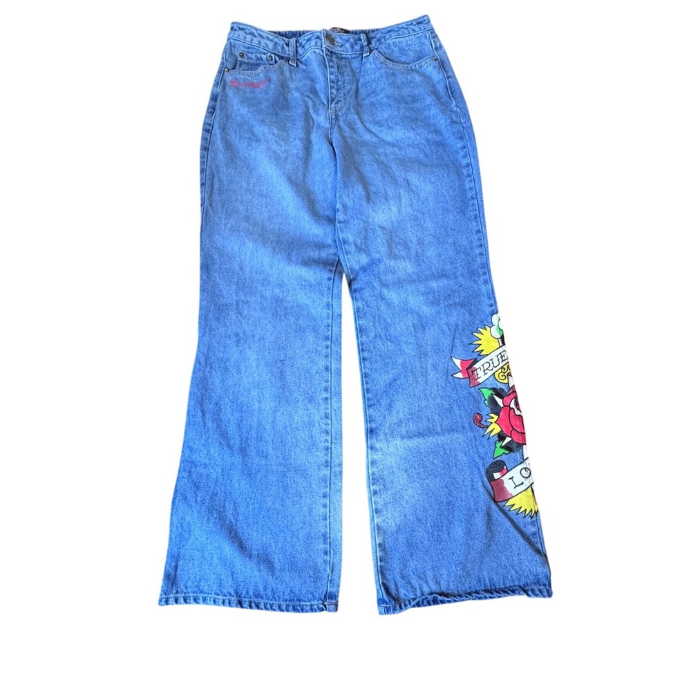 Ed Hardy Wide Leg Jeans Blue Tattoo‎ Graphic True Love Rose women's 32